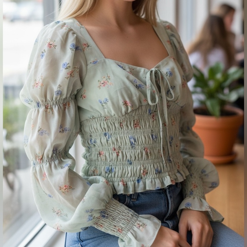 SO Floral Smocked Blouse - Light Green